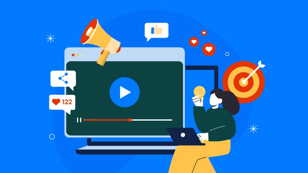 Illustration of a video player, social media icons, and marketing visuals for a 2026 video marketing guide by Design Force.