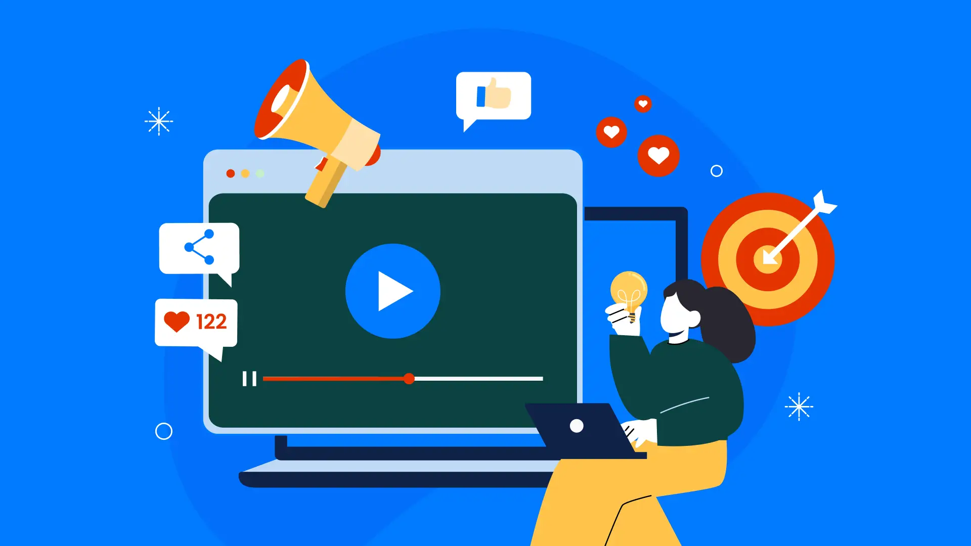 Illustration of a video player, social media icons, and marketing visuals for a 2026 video marketing guide by Design Force.