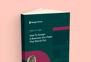 A book titled "How to Design a Business One-Pager That Stands Out" by Design Force on display.