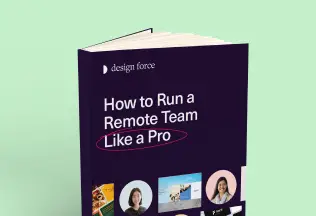 A book titled "How to Run a Remote Team Like a Pro" by Design Force, with a purple cover design.
