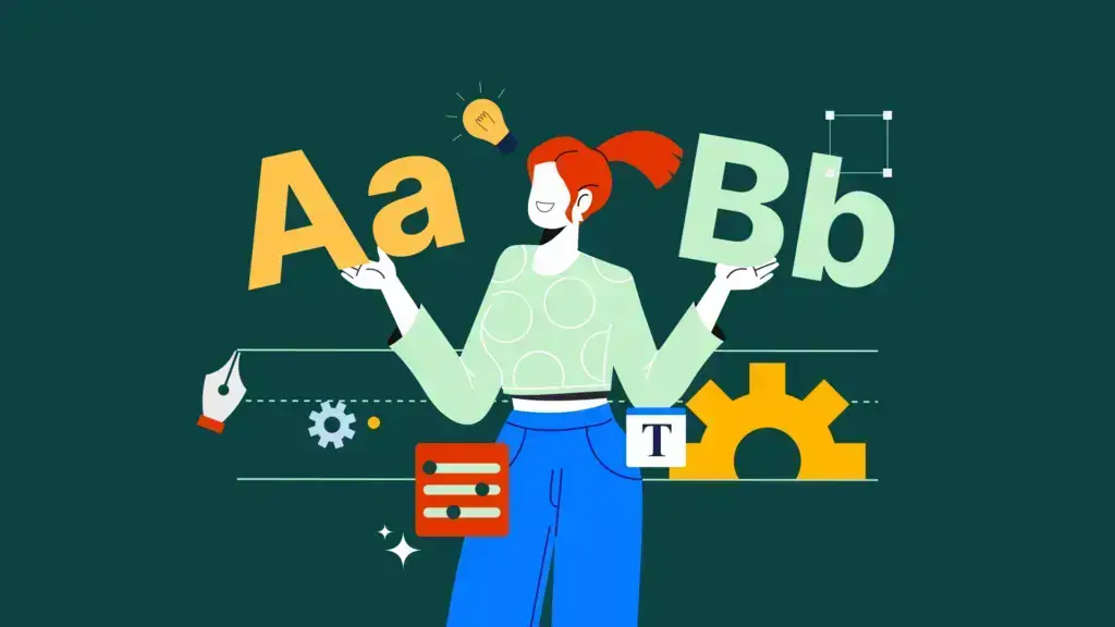 An illustration of a designer juggling "Aa" and "Bb" with design tools and icons on a green background.