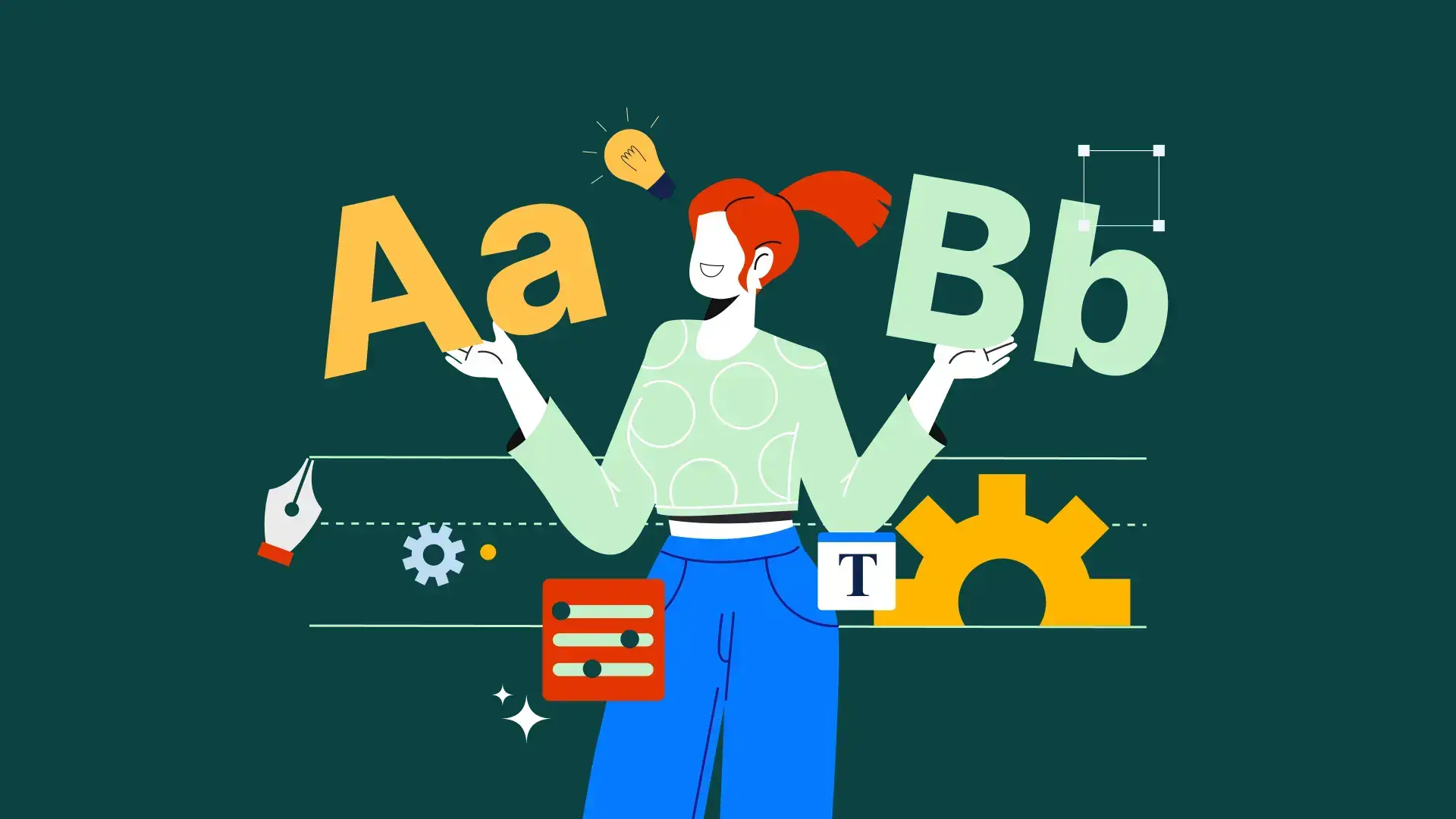 An illustration of a designer juggling "Aa" and "Bb" with design tools and icons on a green background.