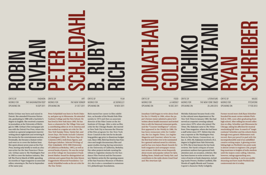 Design showcasing typographic hierarchy with colored bold names, aligned text columns, and detailed bios.