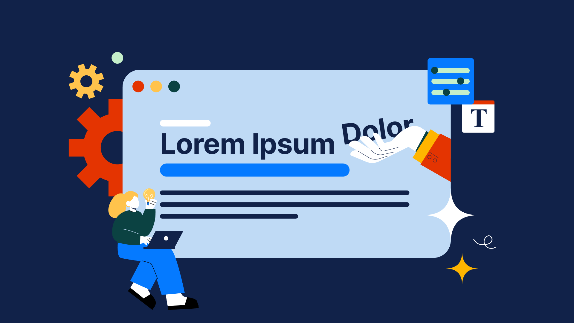 Illustration showing typographic hierarchy with "Lorem Ipsum," bold headings, lines, and design elements.