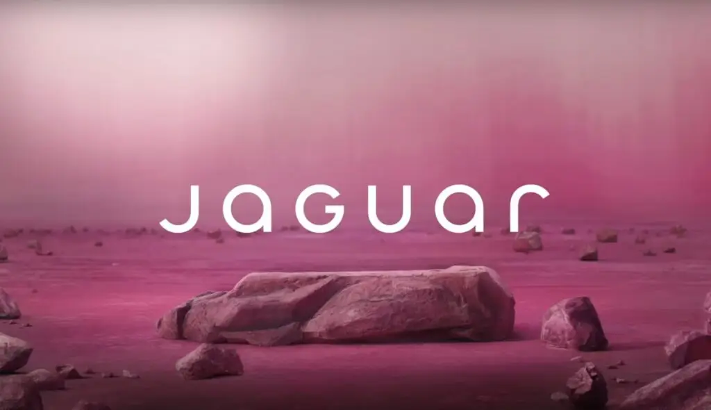 The rebranded Jaguar logo displayed above a sleek, rocky landscape with a modern pinkish gradient sky.