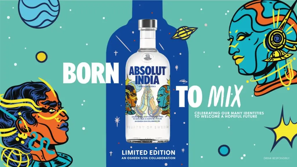 Absolut India campaign with vibrant illustrations, diverse faces, and bold "Born to Mix" text.
