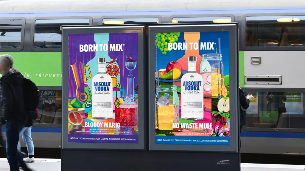 Absolut Vodka campaign posters with bold colors, cocktail art, and creative typography designs.