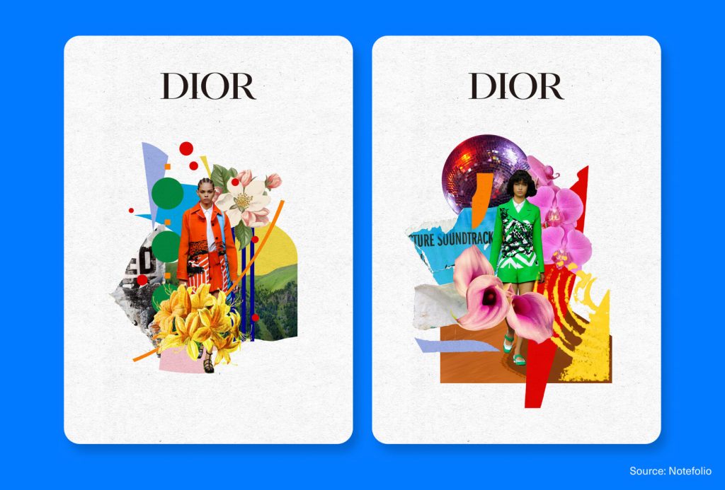 Dior fashion collage posters with layered mixed media, bold color blocking, and editorial graphic design