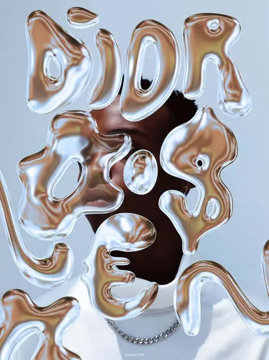 Alt text: Abstract silver liquid-text spelling “Dior,” reflective surface, face partially visible behind text.