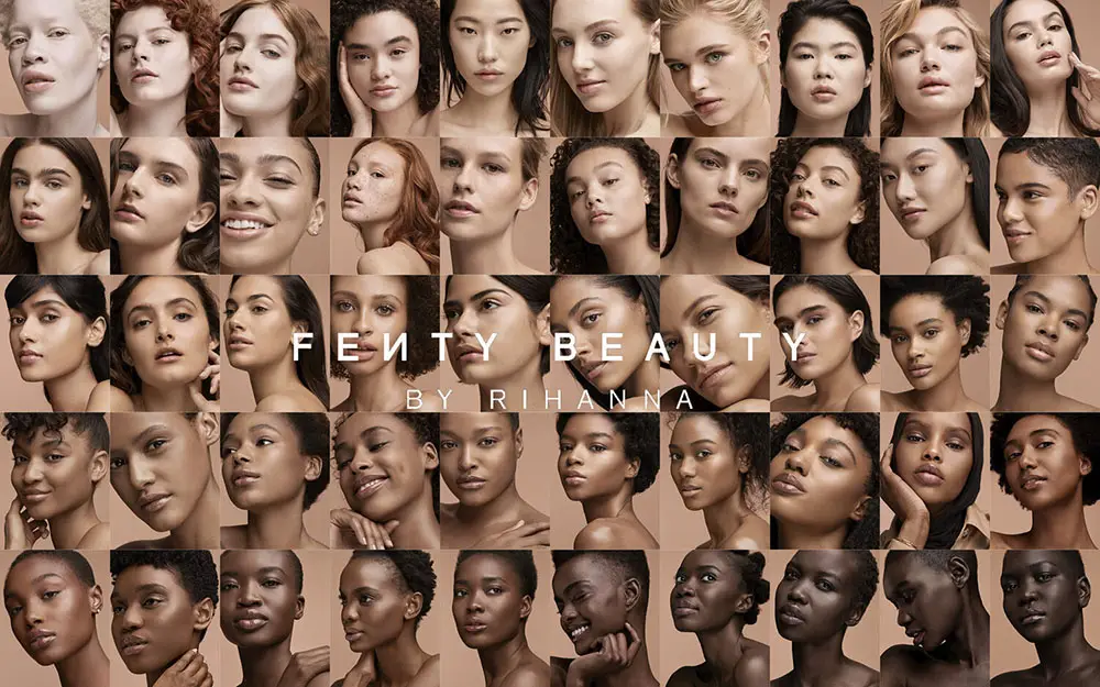 Fenty Beauty by Rihanna showcases diverse models with varying skin tones on a beige backdrop.