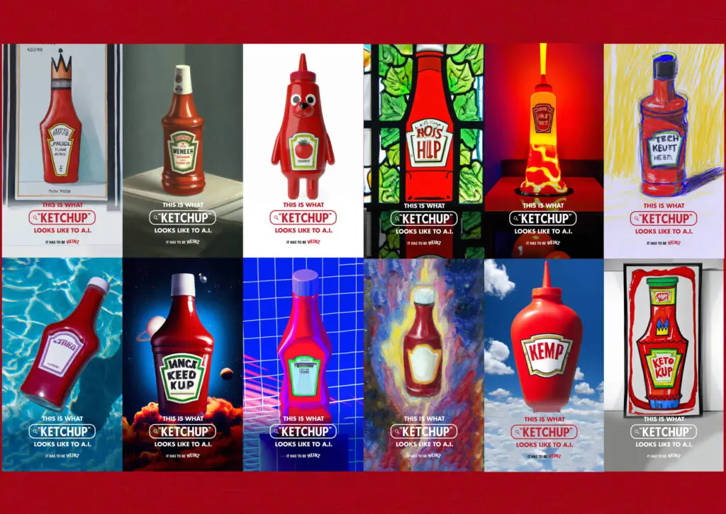 A collage of AI-generated ketchup bottle designs with varied artistic styles and branding concepts from a heinz campaign.