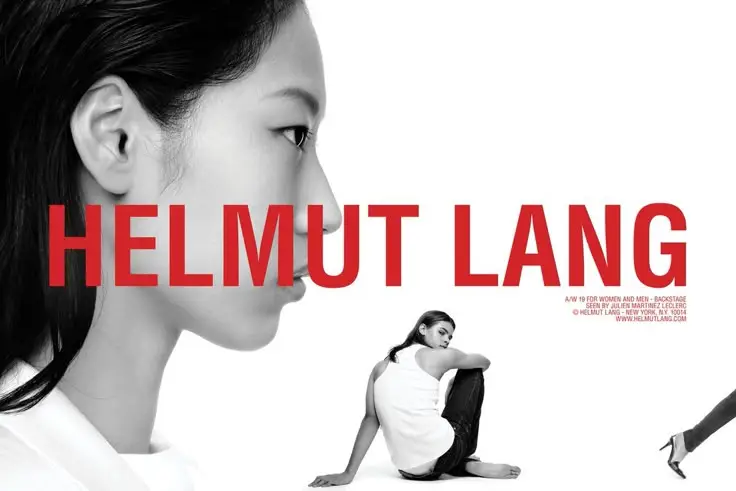 Monochrome ad with bold red "Helmut Lang" text, minimalist portraits, and modern fashion styling.