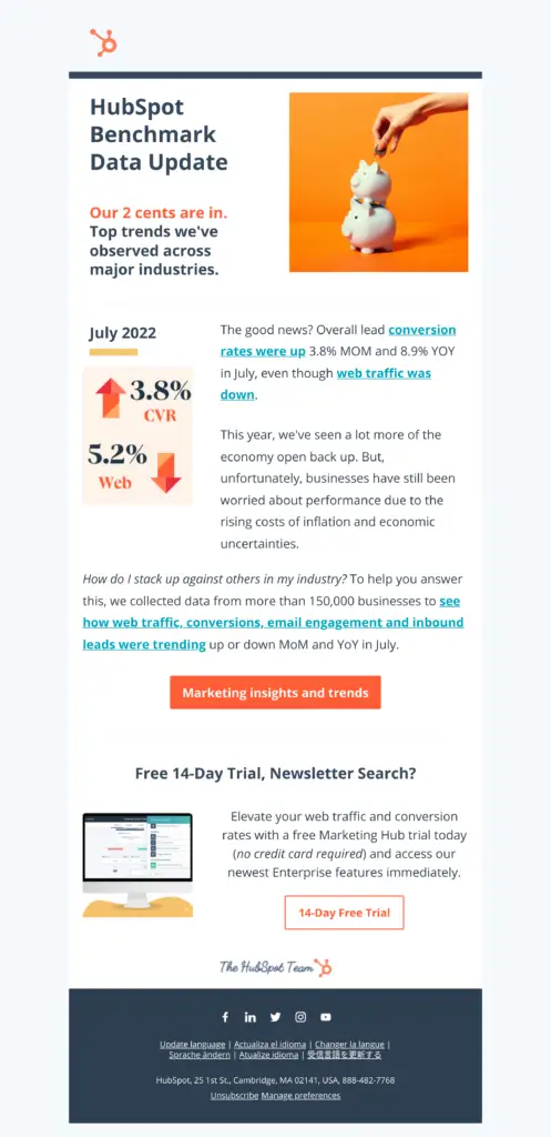 HubSpot newsletter with benchmark data, conversion stats, trends, and a 14-day free trial offer.