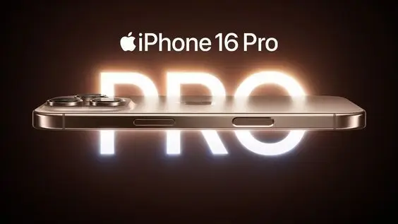 Apple iPhone 16 Pro campaign with sleek side view, glowing "PRO" text, and a minimalist metallic design.
