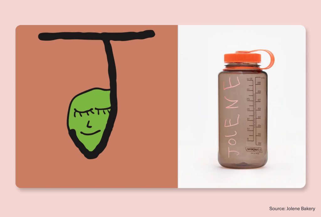 Jolene Bakery branding example featuring naive hand-drawn logo and minimalist product packaging design