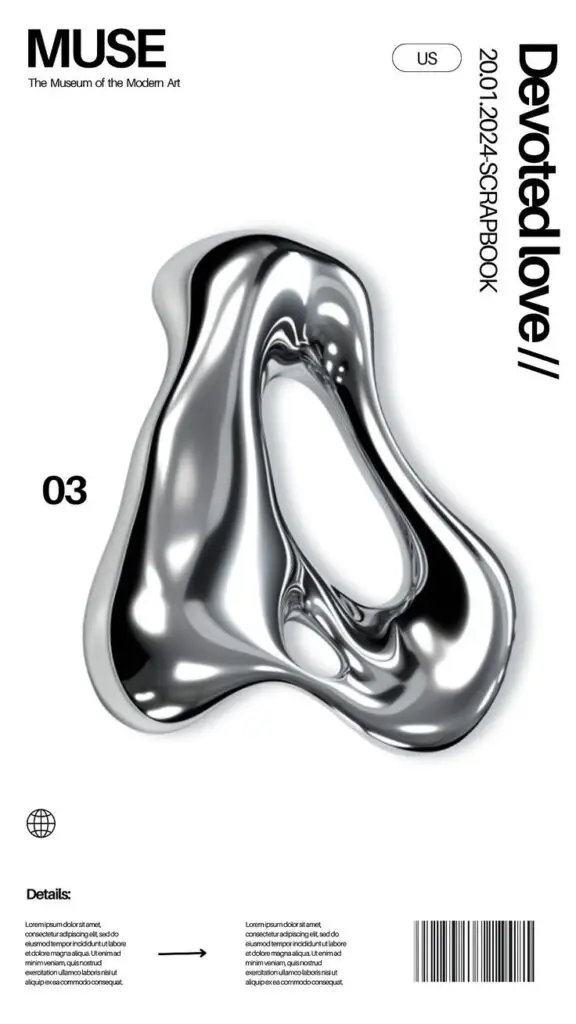 Abstract silver 3D shape centered, modern typography, minimal white background with bold accents.