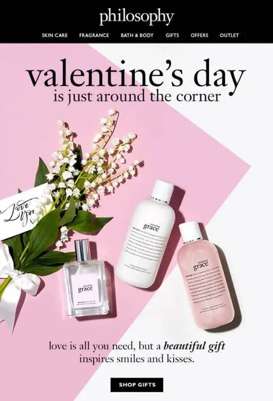 Valentine's Day newsletter with Philosophy products, pink tones, flowers, and a "Shop Gifts" button.