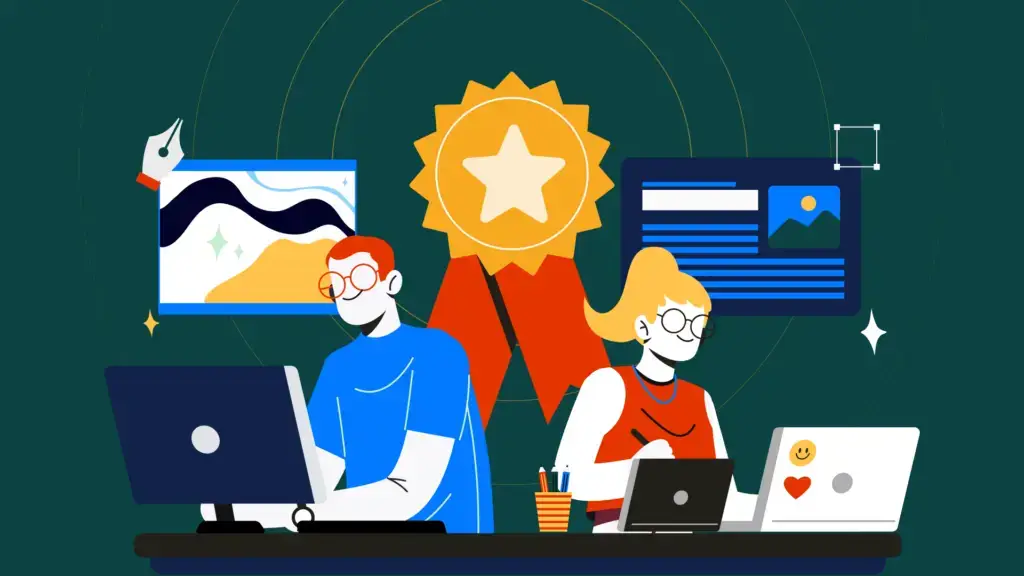 Two people working on computers, one drawing, the other editing, with a star badge in the background symbolizing achievement and creativity.
