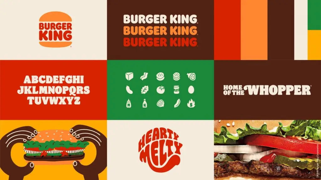 Burger King branding with bold text, retro colors, icons, playful fonts, and a close-up of a Whopper.