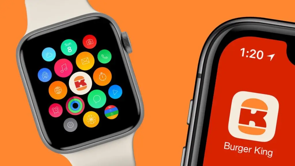 Smartwatch and phone screens showing Burger King app icons with bold logo and vibrant orange background.