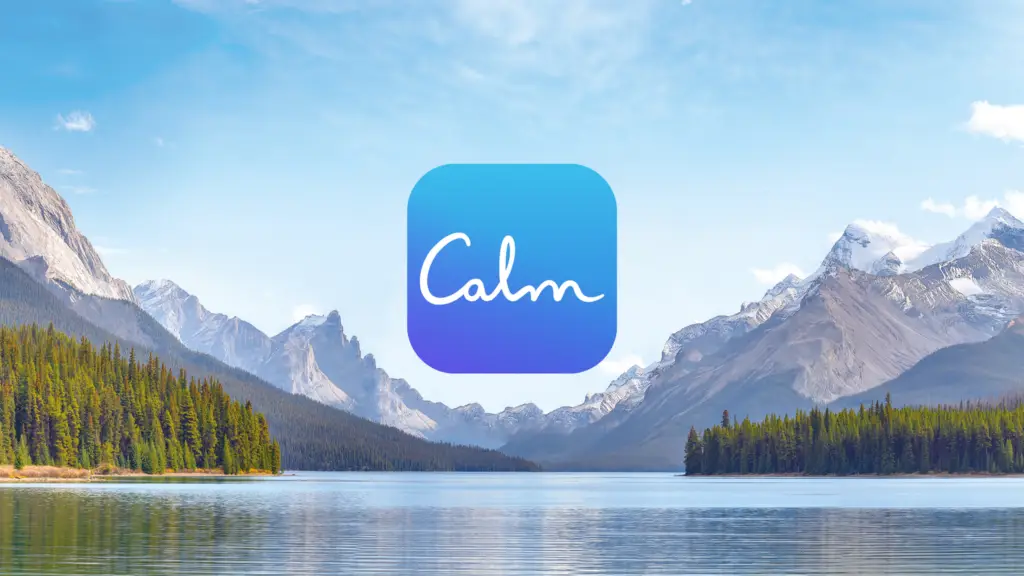 Calm app logo over serene lake with pine trees and snow-capped mountains in the background.