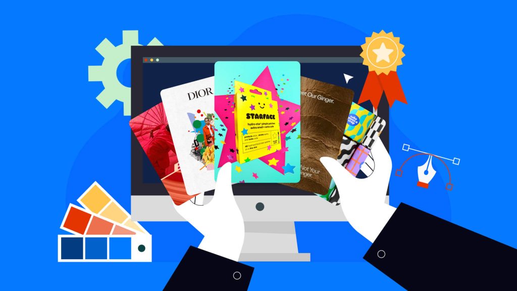 Graphic design trends in 2026 illustration showing a desktop monitor with bold brand visuals, color palette swatches, design tools, and creative awards