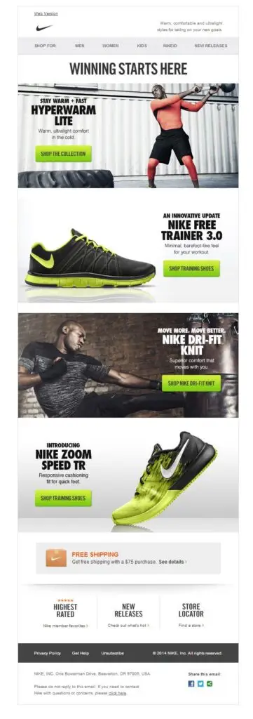 Nike newsletter showcasing training gear, shoes, apparel, and free shipping offers in bold layouts.