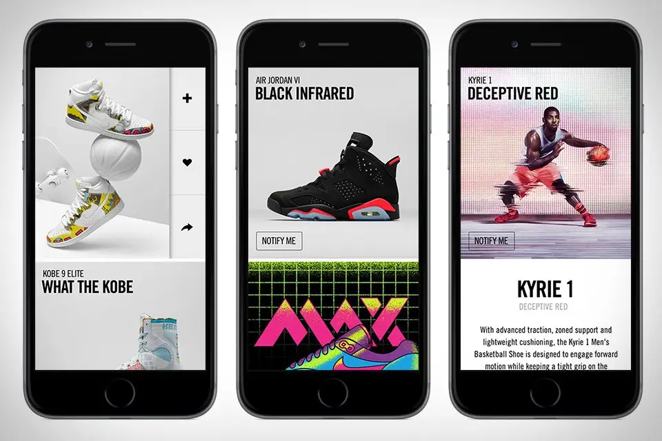 Nike app screens showcasing bold shoe designs, vibrant colors, and sleek product details layout.