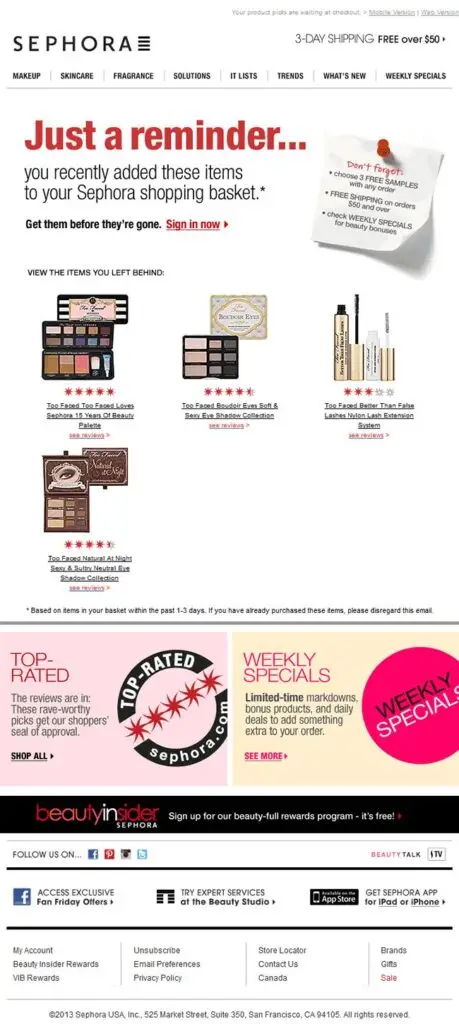Sephora newsletter reminding users of their cart items with product images, ratings, and offers.