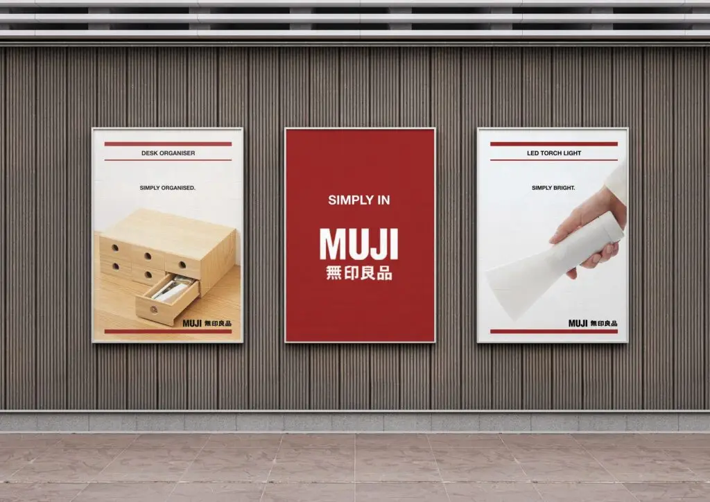 MUJI posters with functional design, red accents, wooden organizer, and sleek LED torchlight.