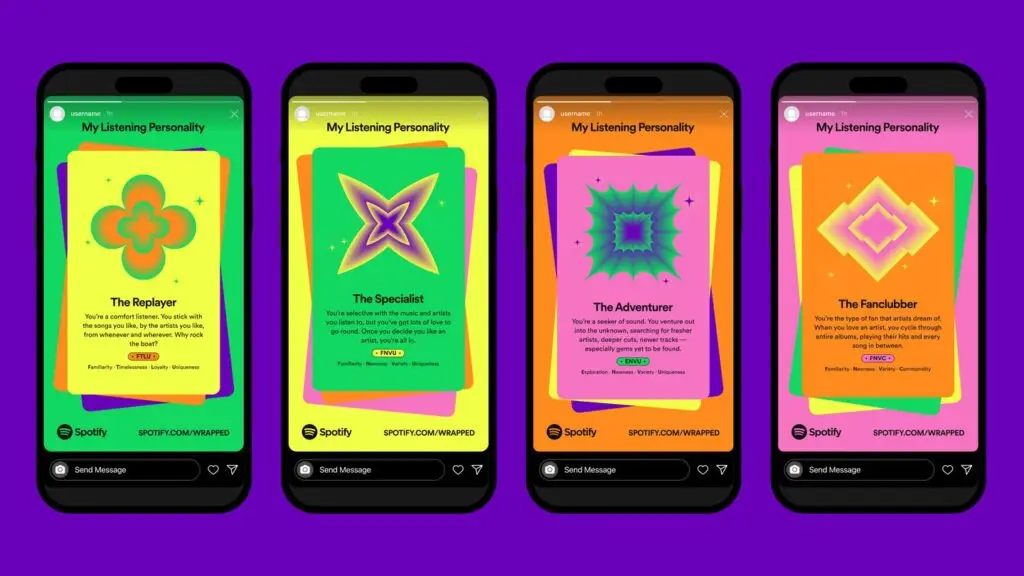 Spotify Wrapped cards on phones, bold neon colors, unique shapes, and personalized listening titles.