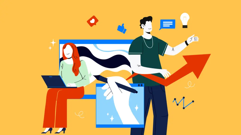 A woman works on a laptop while a man gestures to a rising arrow, symbolizing growth and collaboration in a colorful, modern design.