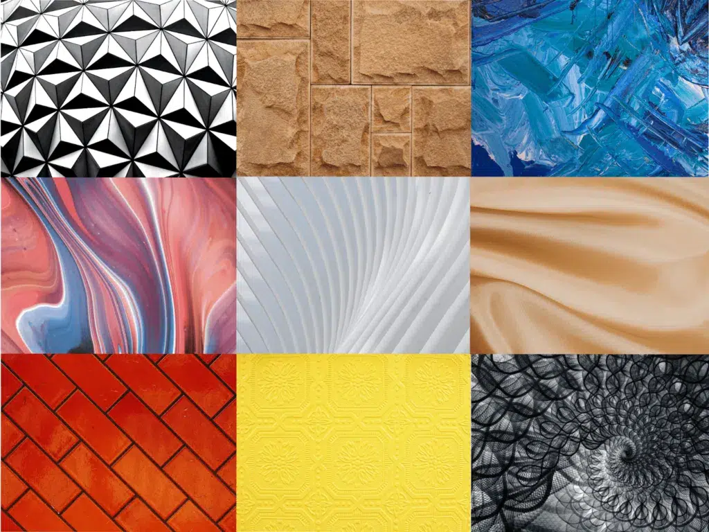 A collage showcasing various digital textures and patterns, including fabric, wood, and stone, creating a visually rich composition.