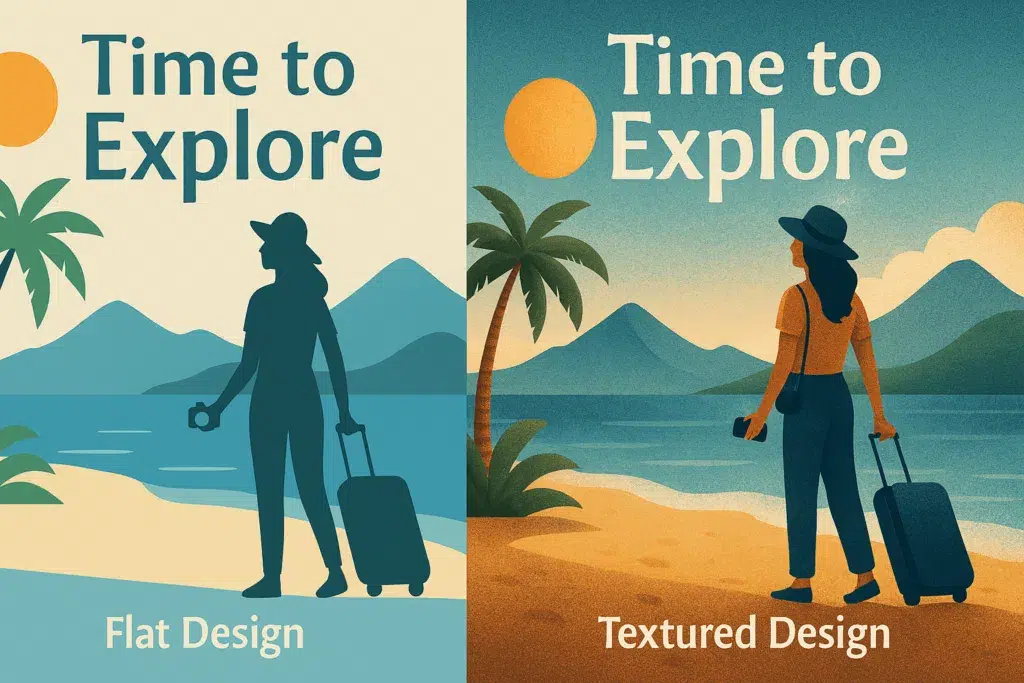 Side-by-side comparison of flat design versus textured design in a travel-themed illustration. Both sides show a woman with a hat, camera, and suitcase standing on a beach with mountains and palm trees, under the headline 'Time to Explore'. The flat design has solid colors and minimal shading, while the textured design features gradients, shadows, and a more realistic feel.