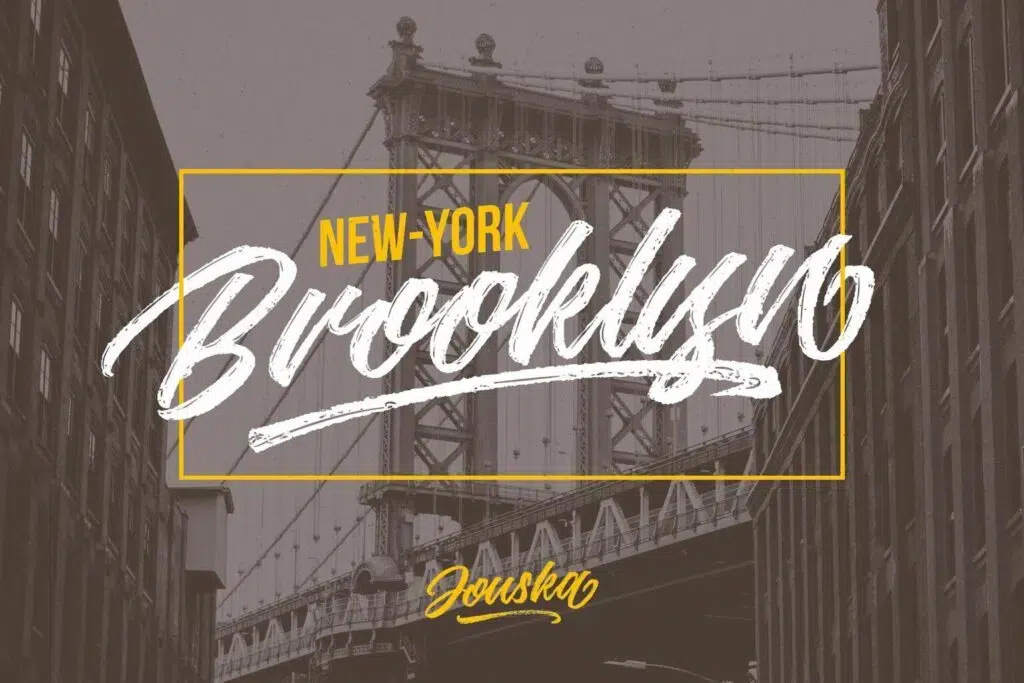 Stylized 'Brooklyn, New York' text over a vintage photo of the Manhattan Bridge.