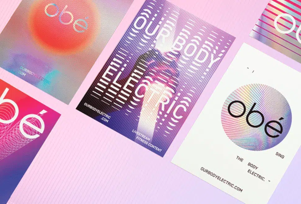 Collection of vibrant branding posters for 'obé' fitness, featuring colorful gradients, optical line effects, and bold typography