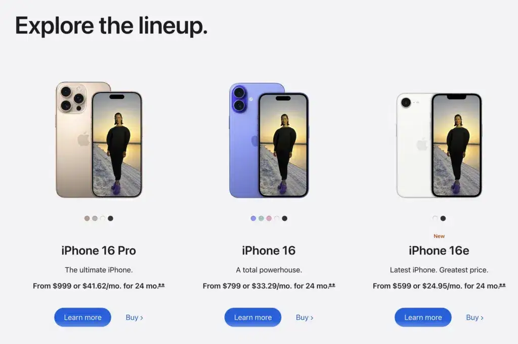Apple iPhone 16 lineup comparison featuring iPhone 16 Pro, iPhone 16, and iPhone 16e models with pricing and monthly installment options.