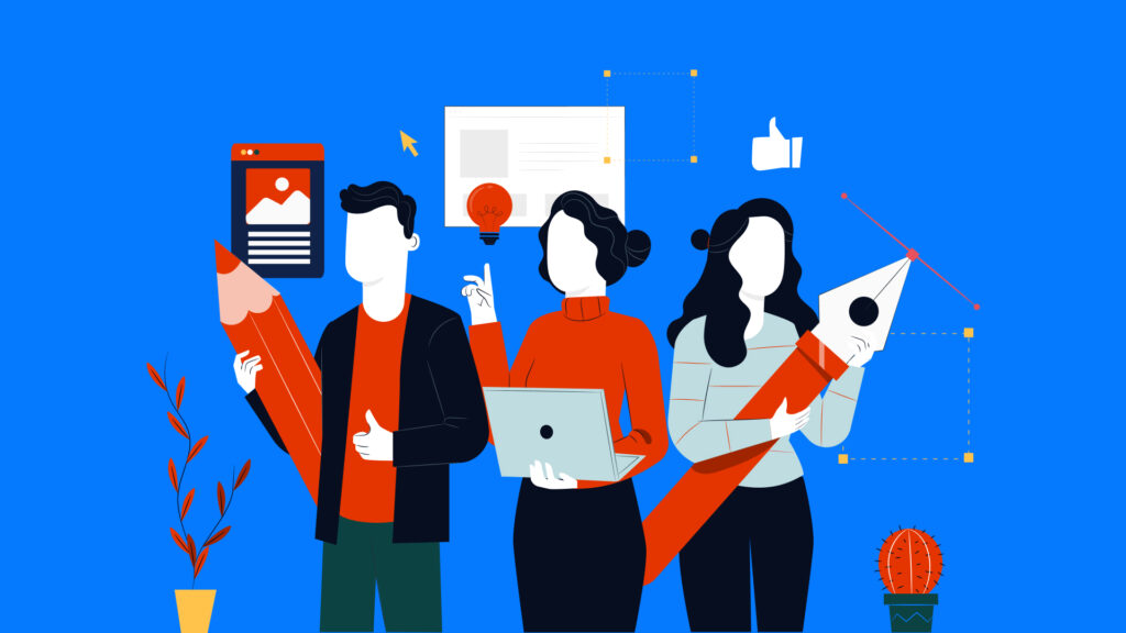Three illustrated people collaborating with oversized writing tools, digital elements, and creative icons.
