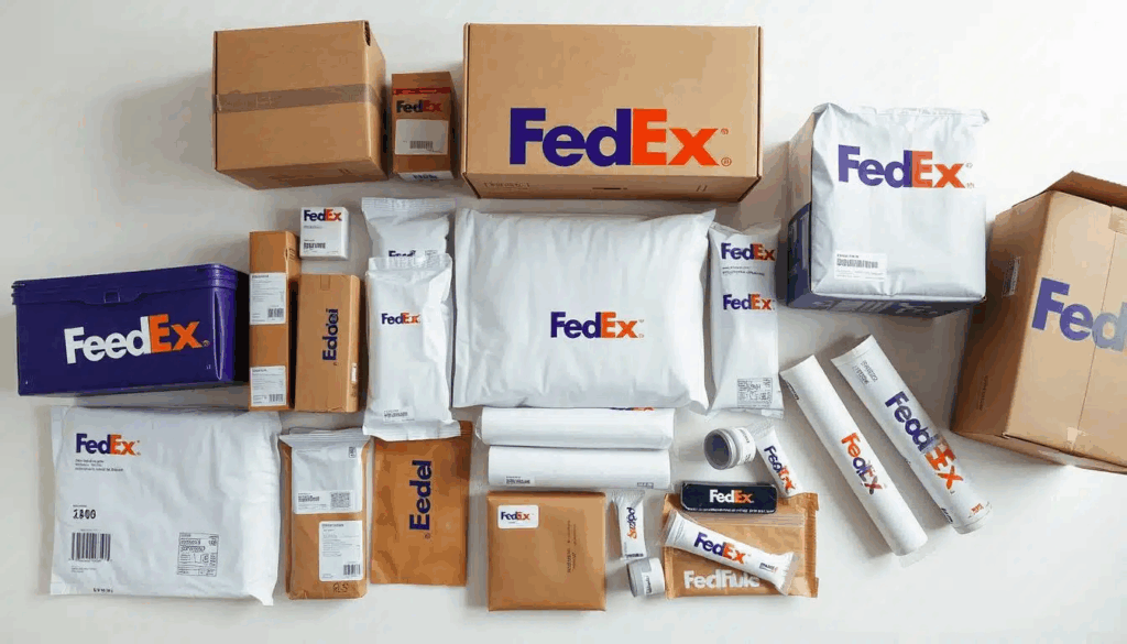 Assorted FedEx packaging including boxes, envelopes, and tubes with visible branding.