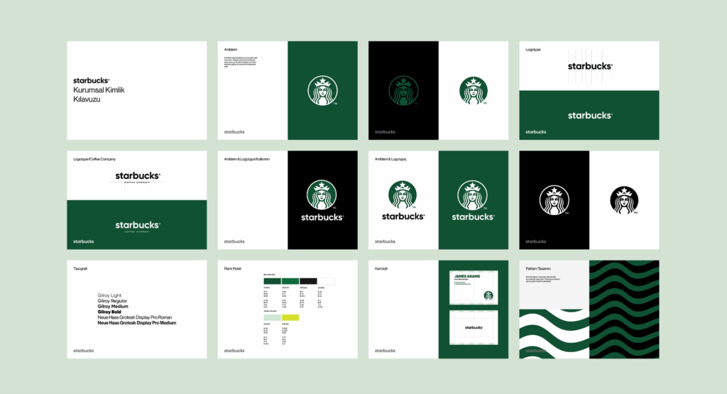 Starbucks brand guidelines featuring logo, colors, typography, and pattern designs.
