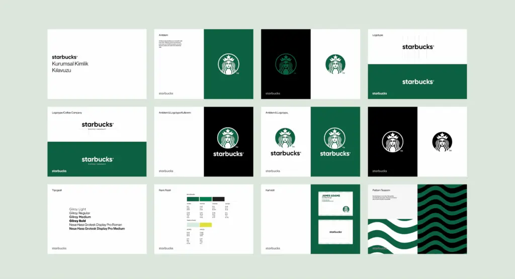 Starbucks brand guidelines featuring logo, colors, typography, and pattern designs.