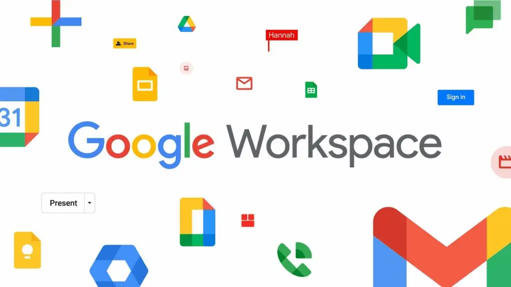 Google Workspace logo surrounded by icons for Gmail, Drive, Calendar, Meet, and other Google apps.