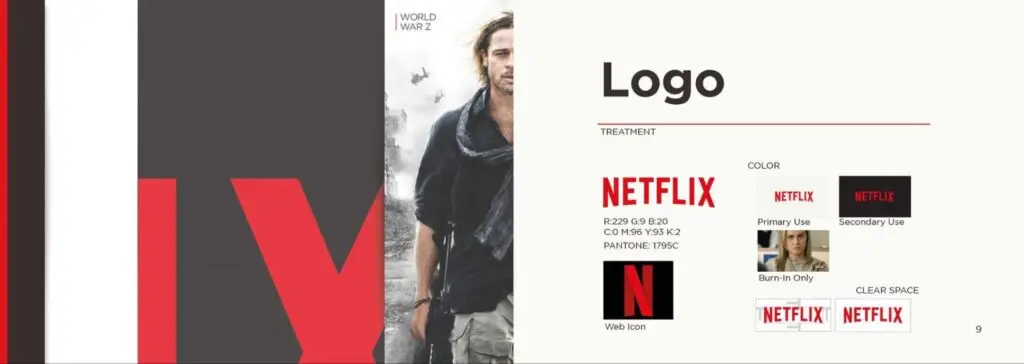Netflix brand guideline slide showing logo treatments, colors, and web icon.