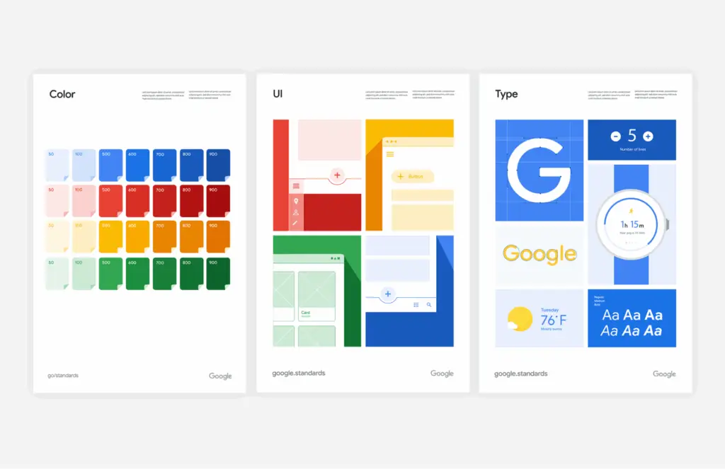 Google brand standards sheets displaying color palette, UI elements, and typography samples.
