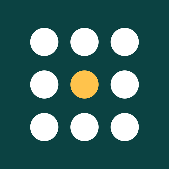 A grid of white circles with a single yellow circle in the center, illustrating emphasis in design.