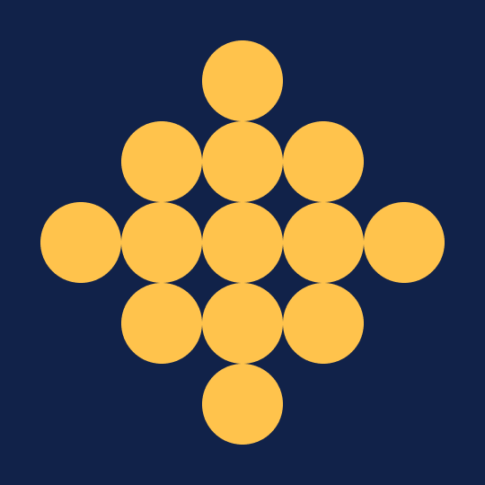Nine yellow circles arranged in a cross shape on a navy blue background, illustrating unity in design.