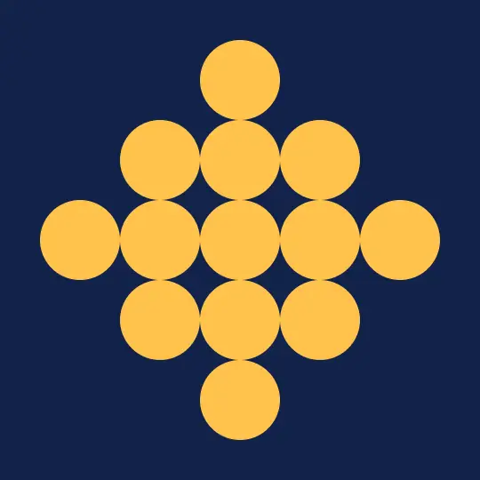Nine yellow circles arranged in a cross shape on a navy blue background, illustrating unity in design.