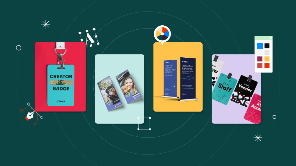 Event collateral design examples featuring badges, brochures, pop-up banners, and event passes