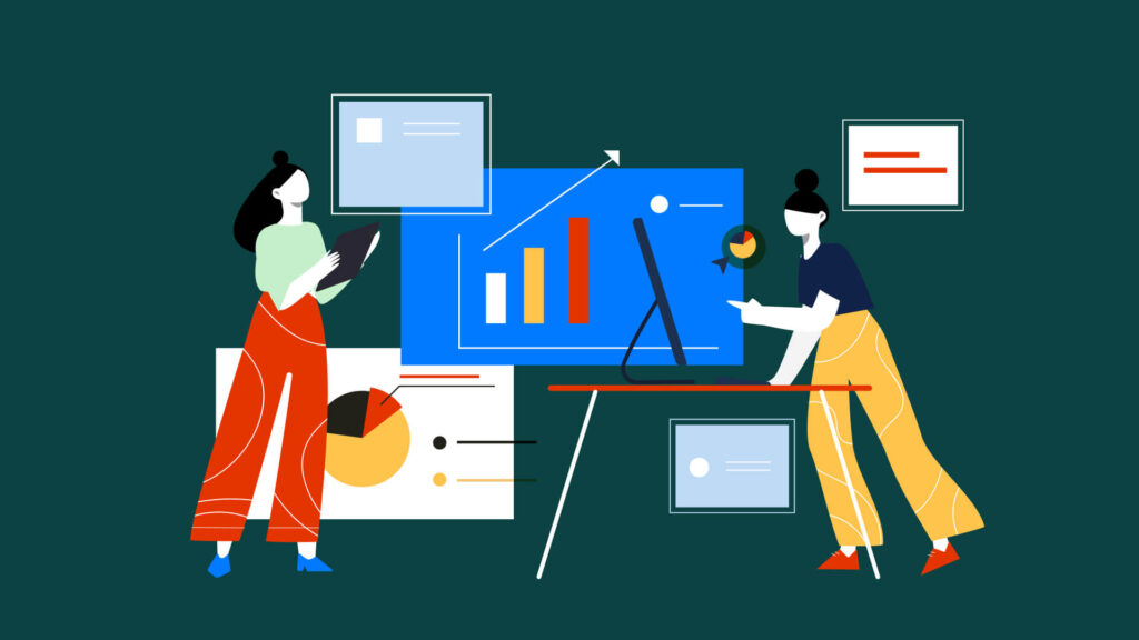 Two people analyzing digital charts and graphs on a presentation deck.