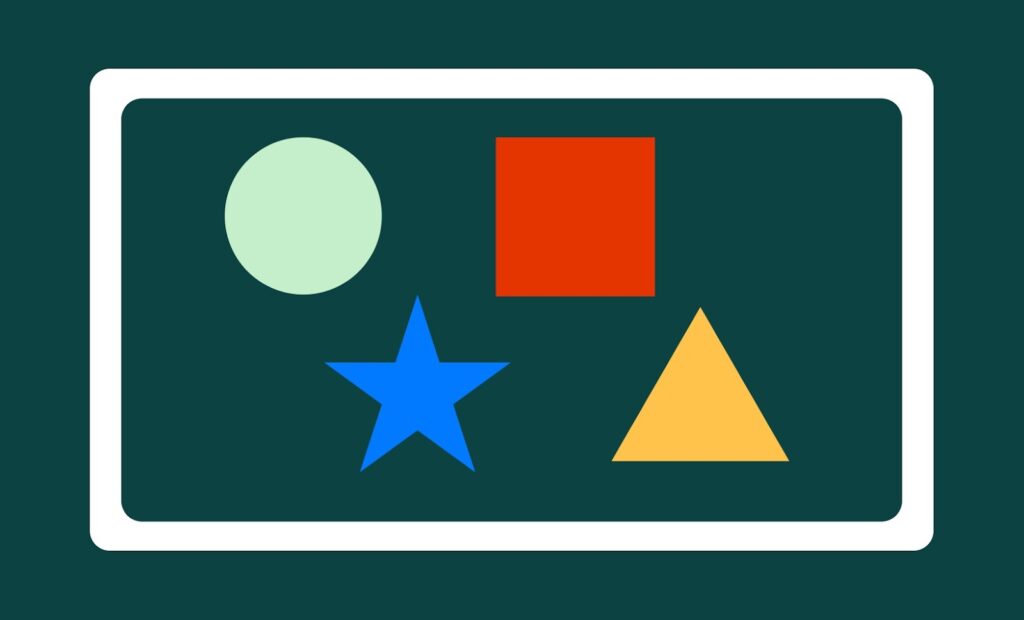 Four colorful shapes—circle, square, star, and triangle—displayed inside a white rectangle on green background.
